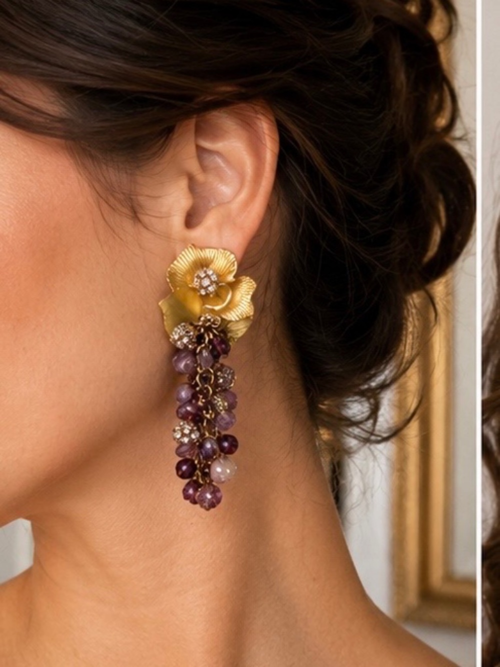 Vintage Unsigned Runway Grape Cluster Drop Clip On Earrings Amethyst Statement